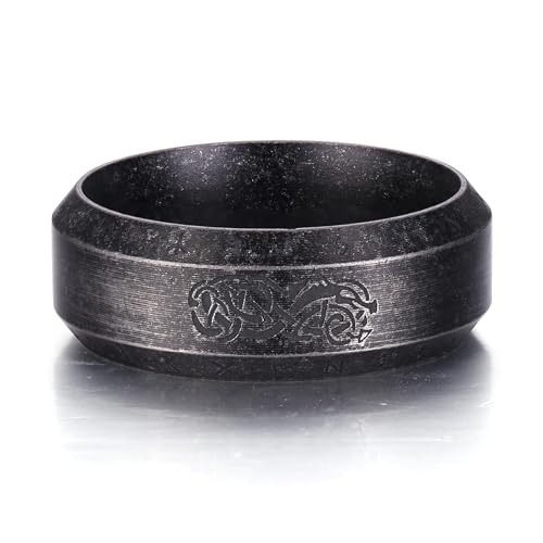 Bijoux cadeau idéal : Bague viking runes de dragon nordique en acier inoxydable noir