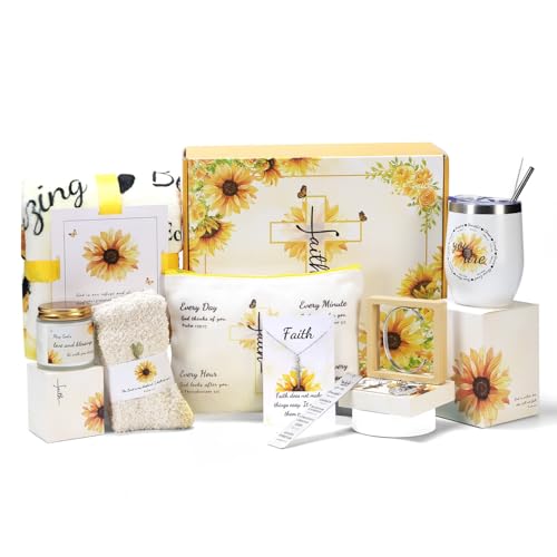 Christian Sunflower Gifts for Women,11pc Religious Faith Inspirational Catholic Gifts with Bible Verse for Birthday,Christmas,Get Well Soon Gift Baskets for Mom,Friend,Sister,Mother,Grandma,Wife