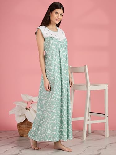 Image of 9shines Label Cotton Sleeveless Nighty | All Over Print Maxi Night wear for Women | Full Length Night Gown Night Dress for Women Stylish (Cotton Sleeveless 25)