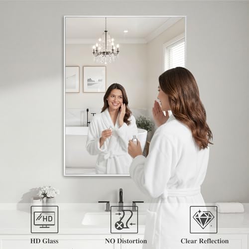 Image of Koonmi White Rectangle Wall Mirror, 30x40 Inch Bathroom Mirror, Aluminum Frame Vanity Mirror for Entryway, Living Room, Bedroom Bathroom, Hangs Horizontally or Vertically