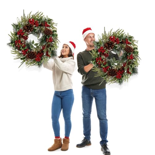 Christmas Wreath for Front Door 22 in– Artificial Pine with Red Berries and Pinecones, Full and Lush Holiday Door Decoration for Indoor/Outdoor Use – Handcrafted Festive Greenery Wreath