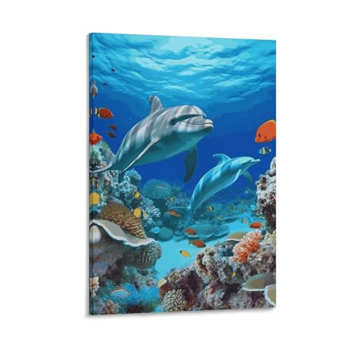 Toile fond marin grand format avec dauphin et poisson corail