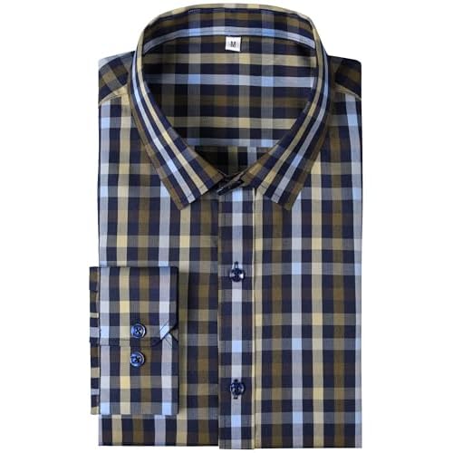 Mens Grade 4 Wrinkle-Resistant Plaid Button-Down Cotton Long Sleeve Regular Fit Gingham Dress Shirts 4X-Large C9_19_navy Brown Yellow