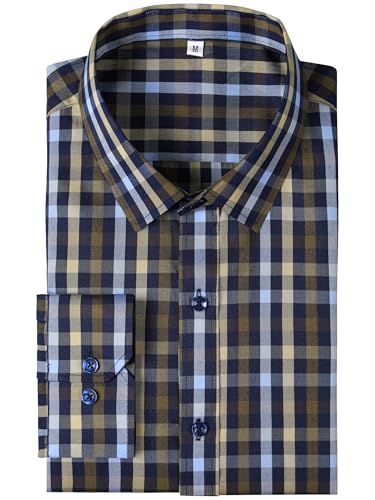 GIANZEN Mens Dress Shirts Wrinkle Free Plaid Gingham Check Shirt for Men Long Sleeve Button Down Men's up Business Casual Navy Brown Yellow Size L Tall