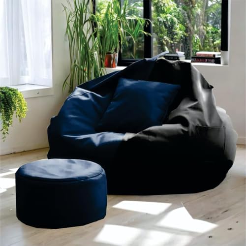 Image of IVIKA Bean Bag with Stool & Cushion | XXXXL Size Premium Leatherette Bean Bag for Gaming, Living Room & Bedroom (4XL - Navy Blue & Black)