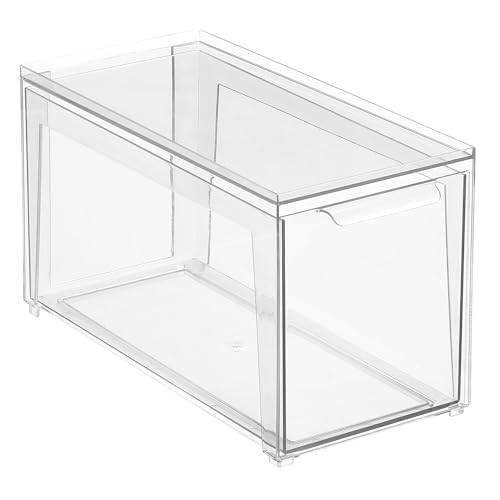 mDesign Plastic Stackable Bathroom Storage Organizer Bin Containers with Front Pull Drawer for Bathroom Countertop, Vanity, Closet Shelves - Holder for Accessories - Lumiere Collection, 2 Pack, Clear
