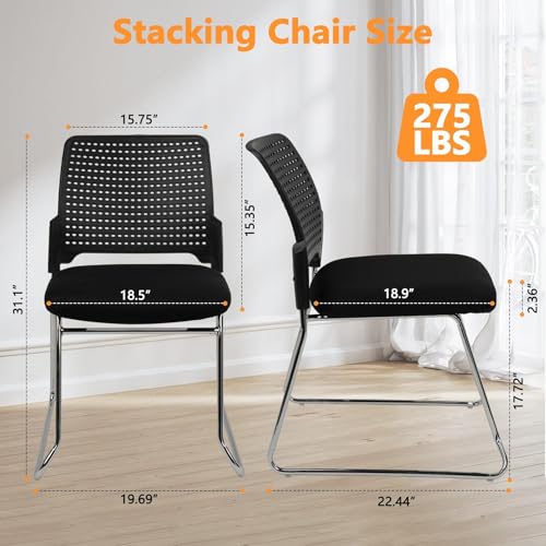 Image of CLATINA Stacking Chair Set of 8, Office Waiting Reception Stackable Armless Chairs with Padded Seat Sled Base, Plastic Desk Chair No Wheels for Conference Lobby Break Room Guest Training, Black