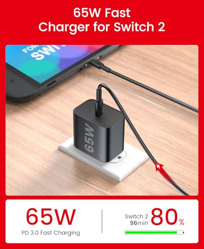 Image of 65W Switch 2 Charger with 10FT(3M) Cable - GaN3 AC Power Adapter for Nintendo Switch /OLED /Lite & Steam Deck /OLED, Original Quality, Supports 4K TV Mode, PD3.0 Fast Charger for PS4 Controller, Galaxy