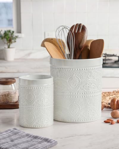 Image of FUN ELEMENTS Kitchen Utensil Holder, 7.2+5.5 inch Super Large Utensil Crock Heavy and Stable Lace Emboss Ceramic Utensil Holder for Kitchen Counter(2Pcs Bright White)