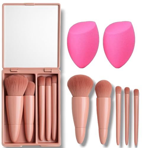 Image of Travel Makeup Brush Set 5 Pieces with Mirror & 2 Pink Makeup sponges - Mini Portable Cosmetic Brushes Kit for Face Eye Foundation , For Eyeshadow And Easy Blending - Compact Beauty Tools ( pack of 7 )