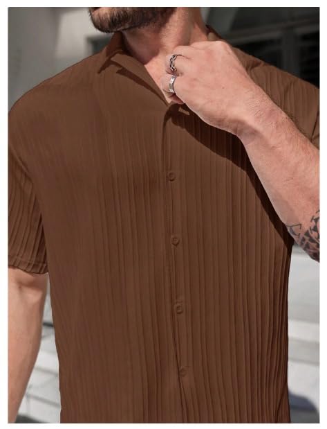 Image of Men's Premium Textured Co-Ord Set - Relaxed Fit Short Sleeve Shirt & Wide-Leg Trousers for Modern Casual Wear