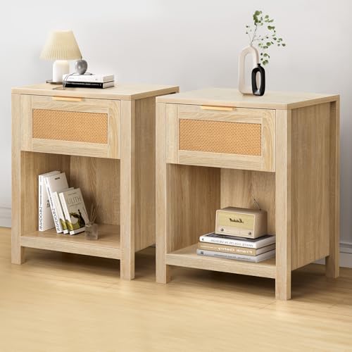 ALFORDSON Set of 2 Bohemian Rattan Front Bedside Table with Drawer and Open Shelf, Sleek Metal Handle, 50x 38x 64cm, Ample Storage, 15mm E0 Grade Thick Board, Modern Nightstand Side End Table, Wood