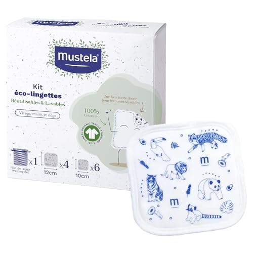 Mustela - Kit Éco-lingettes 100% Coton Bio - Lingettes Bébé Réutilisables - Texture Double Face pour un Nettoyage Optimal - Composées de Coton Certifié...