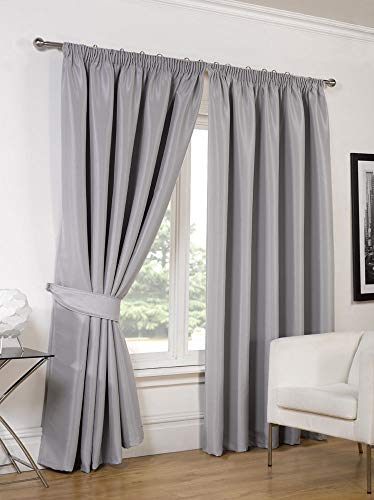 RAYYAN LINEN Thermal Pencil Pleat Blackout Tape Top Pair of Curtains With Free Tiebacks (46