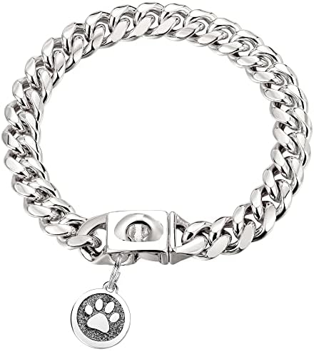 iDofas Dog Chain Collars Cuban Link Dog Collar Design Buckle with Bell & Dog Tag Stainless Steel Metal 10mm Gold Silver Dog Collar for Puppy Small Medium Large Dogs (Silver/10)