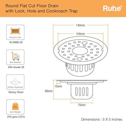Image of Ruhe Round Floor Drain with Lock and Hole (5 Inches) | 304-Grade Stainless Steel Drain Jali with Cockroach Trap | Floor Drainer for Bathroom