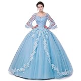 Lace Appliques Quinceanera Dresses Ball Gown Long Sleeves Tulle Prom Dress Sky Blue Size 8