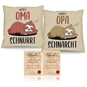 Soreso Design Oma Opa Geschenk zu Weihnachten 2er Kissen-Set + 2 Urkunden/Pssst! Oma schnurrt/Pssst! Opa schnarcht…