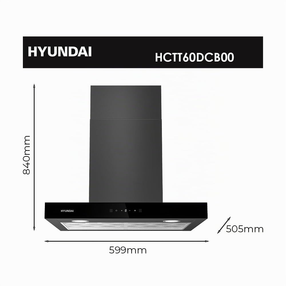 Hyundai Campana Extractora Tipo T 60cm, Cristal Negro, HCTT60DCB00. Potencia 958m3/h, 3 Velocidades, 2 Filtros, 68 dB Nivel Sonoro, Control Táctil, Filtro apto para Lavavajillas
