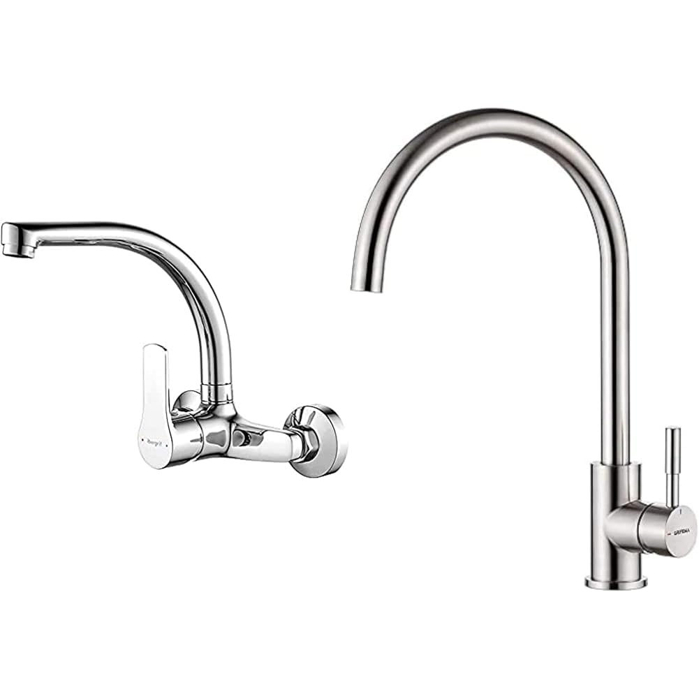 Ibergrif M16357 Griferia de Cocina de Pared, Grifo para Fregadero Monomando, Cromo & GRIFEMA Irismart G4008 Grifo de Cocina Alto con Caño Giratorio, Mezclador de Fregadero