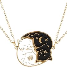 Stainless Steel Black and White Cat Necklace, 2Pcs Matching Cat Yin Yang Charm Pendant Necklace for Couples BFF, Metal, No Gemstone, Metal, No Gemstone