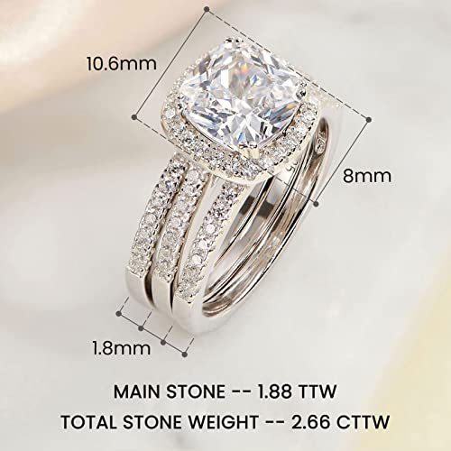 2.66CT Wedding Engagement Rings Set for Women 925 Sterling Silver Cushion Halo CZ Wedding Bands Promise Bridal Ring Enhancer for her Size 4-123