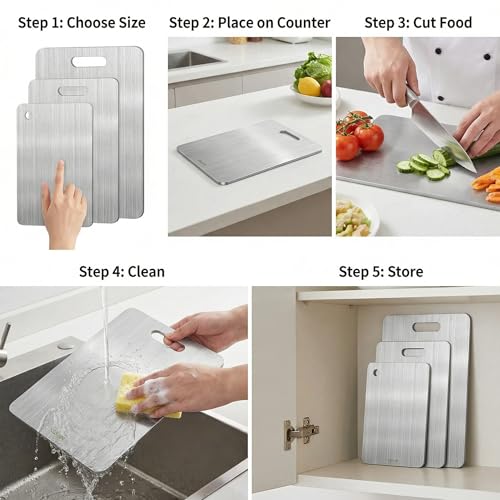 3PCS Titanium Cutting Boards, Double Sided Food-Grade Chopping Board, Knife-Friendly Easy Clean, Durable Hygienic Stainless Steel Titanium Alloy Cutting Mat for Meat Vegetables Kitchen Cooking - Image 6