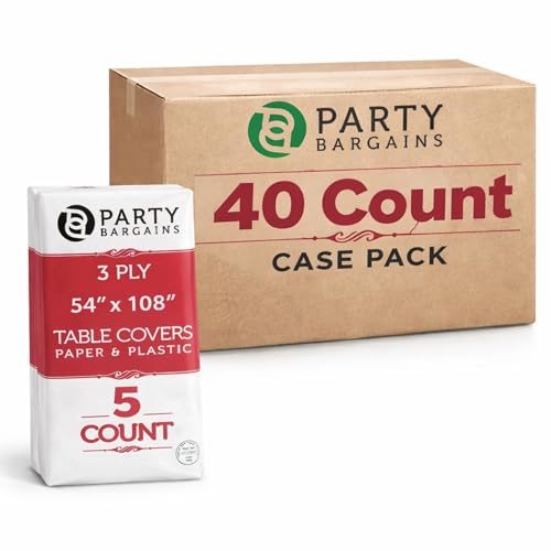 PARTY BARGAINS Disposable Table Covers, 54 x 108 Inch, White, 3-Ply Paper & Plastic Spill-Resistant Party Tablecloths, 40 Pack