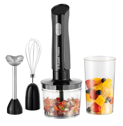Russell Hobbs Hand Blender [3-in-1 Hand Mixer] Electric Chopper (Food Processor with 3 Attachments for Baby Food Smoothies Soup 2 speeds + pulse Stainless steel BPA-Free) Matte Charcoal 27141