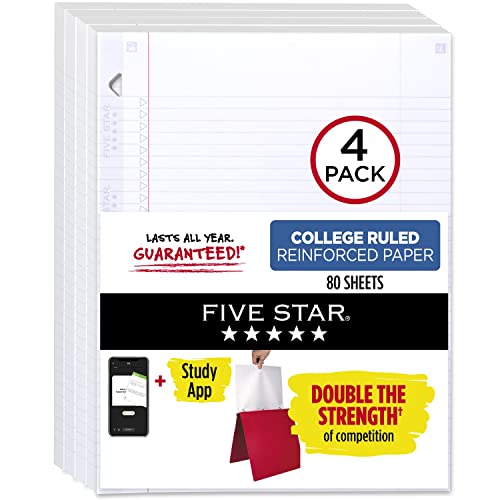 Five Star Loose Leaf Paper + Study App, 4 Pack, 3 Hole Punched, Reinforced Filler Paper, College Ruled Paper, 8-1/2" X 11", 80 Sheets/Pack (170024-Ecm) #TOP9