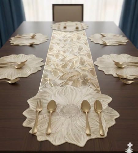 Image of Dakshya Industries Dining Table Placemat Set with Runner | PVC Waterproof Leaf Shape Table Mats Heat Resistant Washable Home Decor