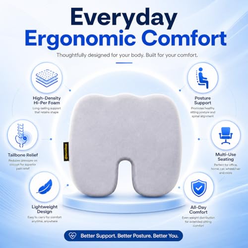 Image of Ultimate Pro Coccyx Cushion for Tailbone Pain | Tail Bone Pain Relief Cushion | High Density Hi-Per Foam Ergonomic Seat Cushion for Sciatica,Hip Support | Contoured Office & Home Chair