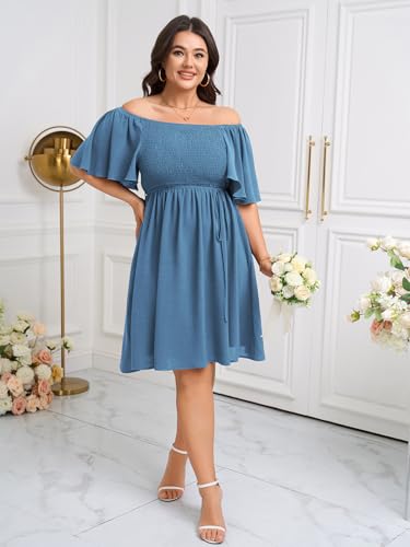 Image of SCOMCHIC Womens Plus Size Summer Dresses Casual Short Sleeve Smocked Square Neck Tie Waist Flowy A Line Mini Sun Dress