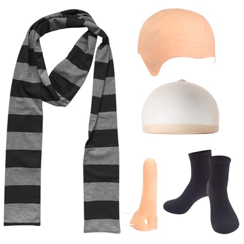 5 Stück Gru Kostüm für Herren Männer Faschingskostü Gelbes Kostüm mit Glatzenkappe Falscher Nase Perückenkappe Gestreiftem Schal Schwarzen Socken Komisch Witzig Outfit für Karneval Mottoparty Kostüm