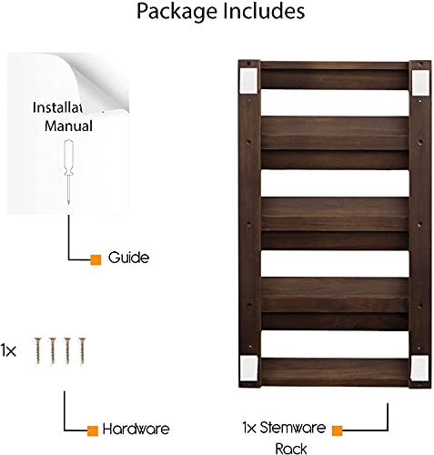 Rustic State Eze 4 Sectional Wood Under Cabinet Wine Glass Holder Wine Glass Rack Hanging Shelf Stemware Bar Organizer - 12 Wine Glass Storage - 10 Inch Deep - Chestnut Stained - Thumbnail 6