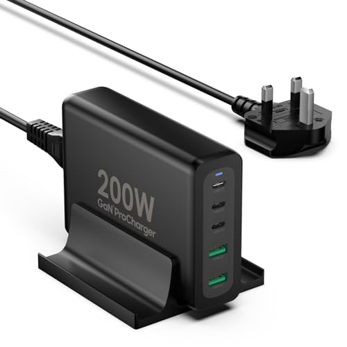 VUOHOEG 200W USB C Charger Plug 5 Ports GaN PD Desktop USB C Charging Station Power Adapter Compatible with MacBook Pro/Air, Dell, iPhone 15/14, Galaxy S23, Switch, Huawei and more