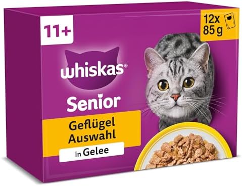 Whiskas Senior 11+ Katzennassfutter Geflügel Auswahl in Gelee, 48 Portionsbeutel, 12x85g (4er Pack) – Hochwertiges Katzenfutter nass, für Katzen ab dem 11. Lebensjahr