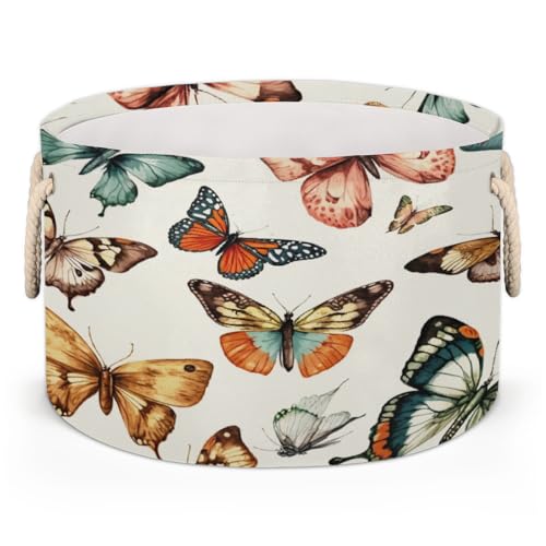 Large Collapsible Blanket Storage Basket for Gifts Empty, Butterfly Round Fabric Laundry Hamper Basket, Baby Dog Toy Bins with Handle, Closet Organizer for Living Room(A-665)