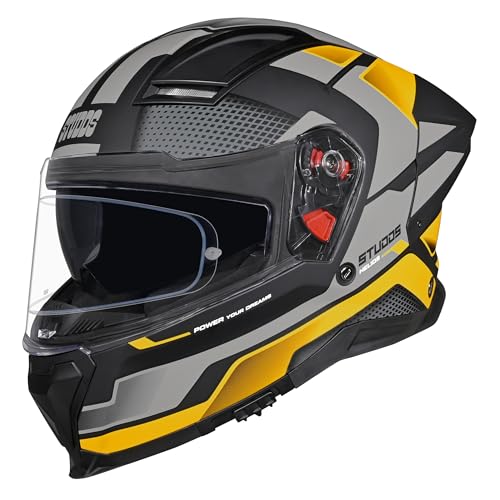 Image of STUDDS Helios Asphalt Full Face ISI and DOT Certified Helmet with Dual Visor MATT Black & Yellow - M