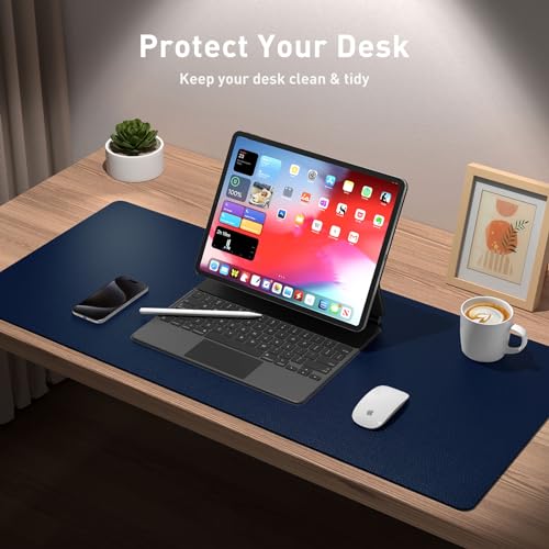 Image of Aothia Leather Desk Pad Protector, Mouse Pad, Office Desk Mat, Non-Slip PU Leather Desk Blotter, Laptop Desk Pad, Waterproof Desk Writing Pad for Office and Home (17 inchx48 inch, Dark Blue)