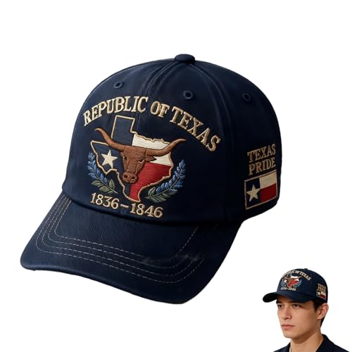 LDLXLHTE Republic of Texas Embroidered Baseball Cap,Texas Pride Longhorn Hat, 1836-1846 (Navy Blue)