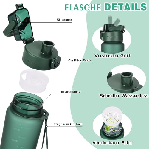 AOPREL Trinkflasche 1l, Trinkflasche Sport Tritan & BPA-Frei Wasserflasche Mit Filter und Bürste, Auslaufsicher Sportflasche Für Fitness, Wandern, Camping, Schule und Büro