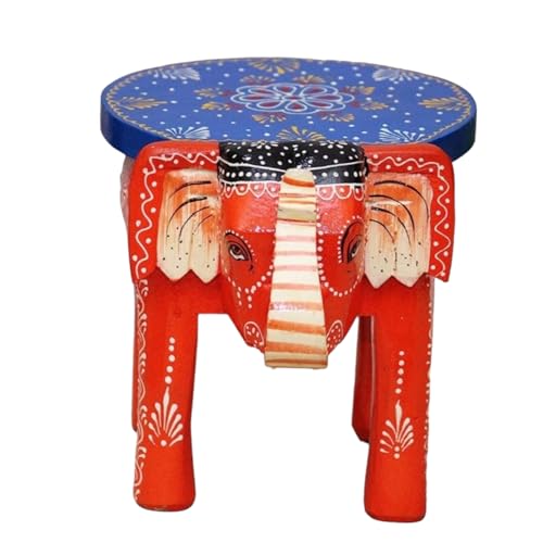 Image of Hand-Crafted and Emboss Colorful Painted Wooden Elephant Shape Stool for Home /Office /Living or Bedroom Decor,Decorative Showpiece (8 Inches Height, Orange)