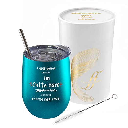 Fancyfams I’m Outta Here, Retirement Gifts For Women, Birthday Divorce Retirement Going Away Good Luck Gift, 12 Oz Stainless Steel Wine Tumbler, Retirement Gifts (Outta Here - Turquoise) #TOP6
