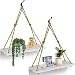 Y&Me Set of 2 Wood Hanging Shelves for Wall,White Rope Hanging Shelves with 4 Hooks for Home Wall Decor, 17"x 6"x 0.7",Rustic White Hanging Shelf