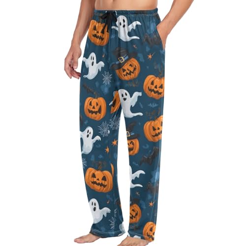 Halloween Ghosts Pumpkins Pajama Pants Orange Bats Star Lounge Sleepwear PJs Men's Pajama Bottoms Lightweight Sleep Pants M4