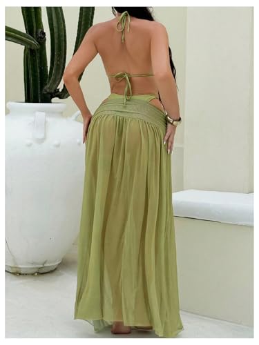 GORGLITTER Women's 3 Piece Swimsuit Metal Ring Triangle Halter Bikini Set with Long Cover Up Skirt3