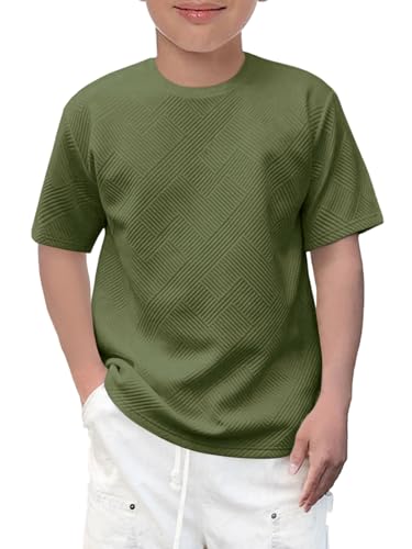 Haloumoning Boys' T-Shirt Short Sleeve Crew Neck Tops Kids Summer Solid Color Geometric Pattern Top Casual Basic Tees 5-14 Years, Army Green, 13-14 Years
