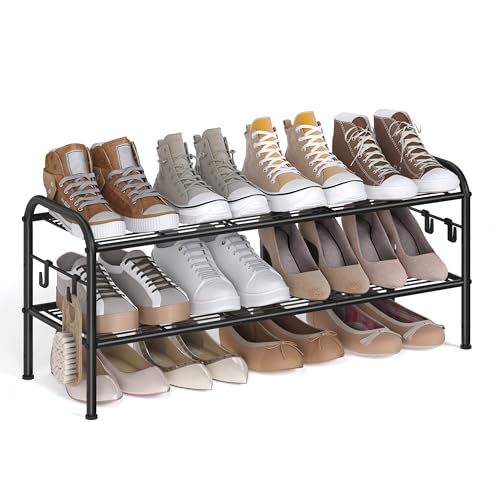SONGMICS Shoe Rack, 2-Tier Shoe Organizer, Metal Shoe Shelf Storage with 4 Side Hooks, Holds 10 Pairs of Shoes, Height-Adjustable Shoe Rack for Entryway, Hallway, Closet, Easy Assembly, Ink Black