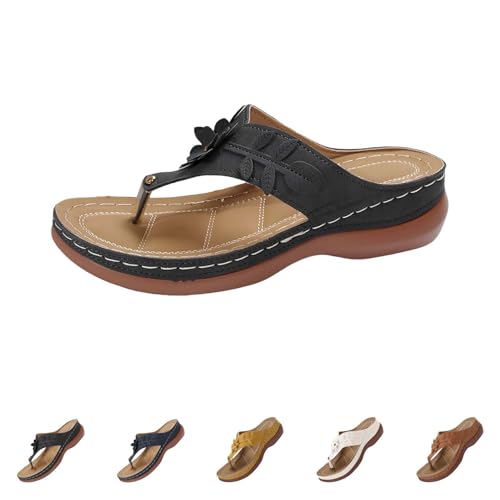 Flip Flops damer sommar läder – tåseparator ortopediska sandaler boho-pantoletter kilklack sandaler öppen tå sommarskor öppna tofflor lätta att släppa för strand fritid, Aaaschwarz59, 41